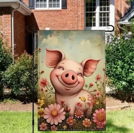 Pig In Pink Flowers Yard Flag