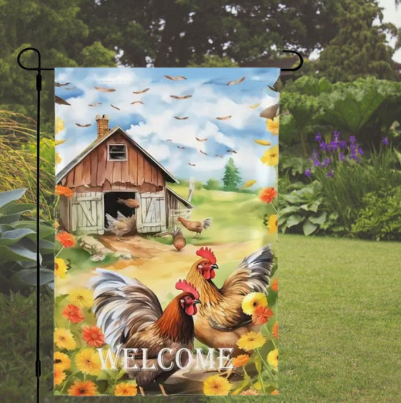 Barn and Chicken Welcome Garden Flag